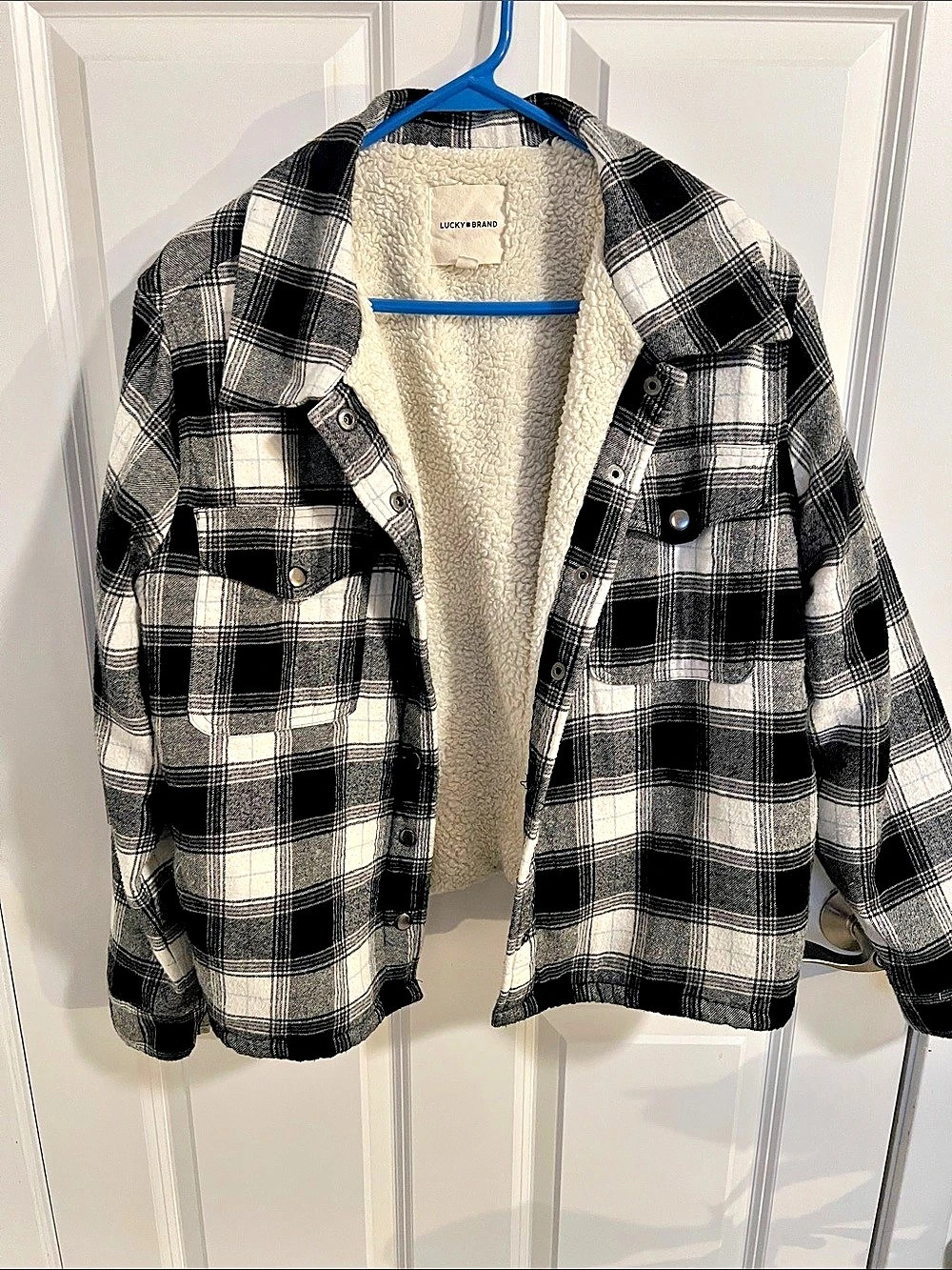 Lucky Brand Sherpa Lined Plaid Flannel Shirt Jacket Black & White Large